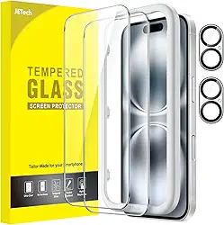 JETech Película de Vidro Temperado para iPhone 16 6,1 Polegadas com Protetor de Lente de Câmera, Ferramenta de Fácil de Instalar, Protetor de Tela, HD Claro, 2 Pacotes Cada