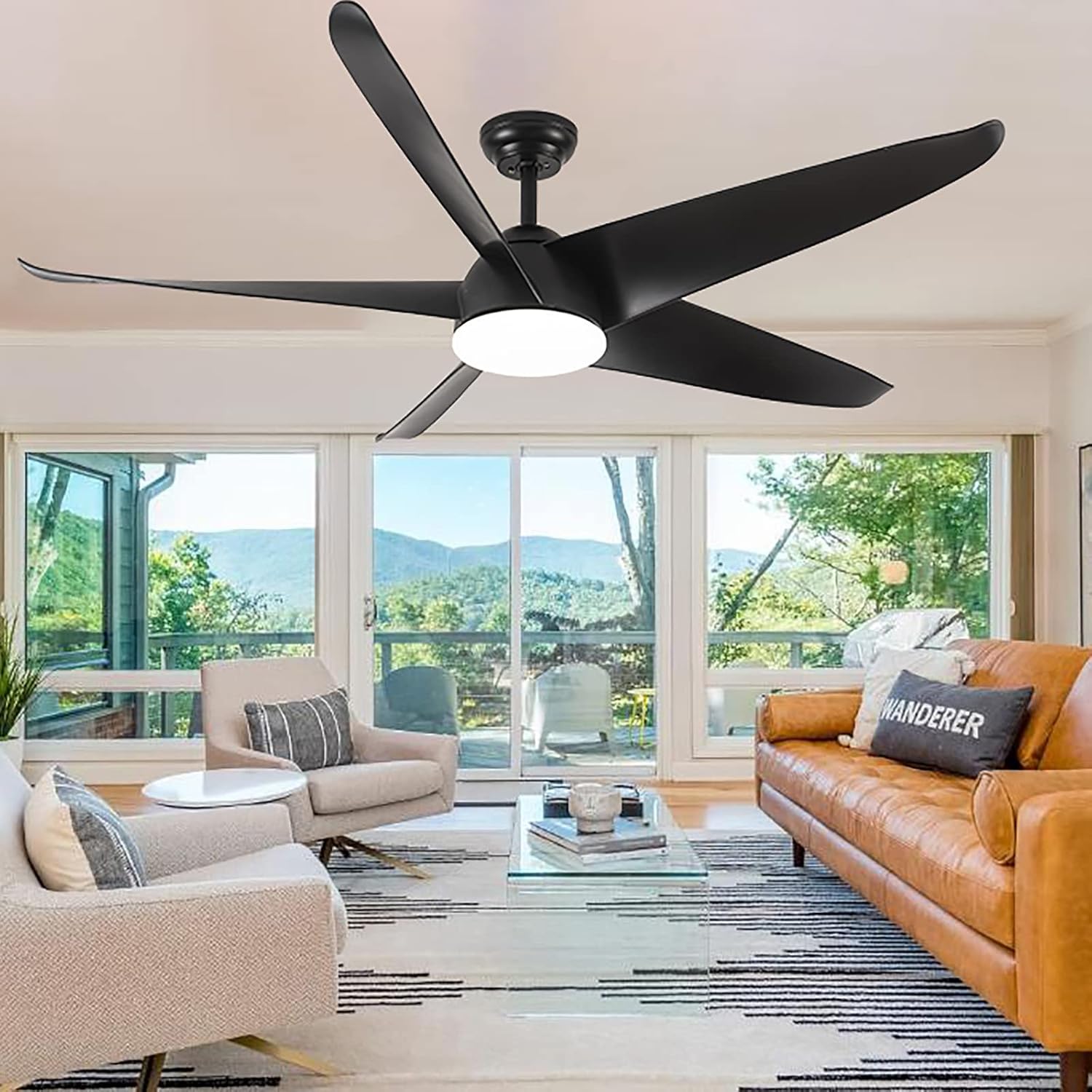 Uaikiea 60 inch Black Ceiling Fan with Light and Remote, Modern Large Outdoor Patio Ceiling Fan with Dimmable Light, Quiet Reversible DC Motor for Farmhouse Bedroom Living Room Office (60" Black)