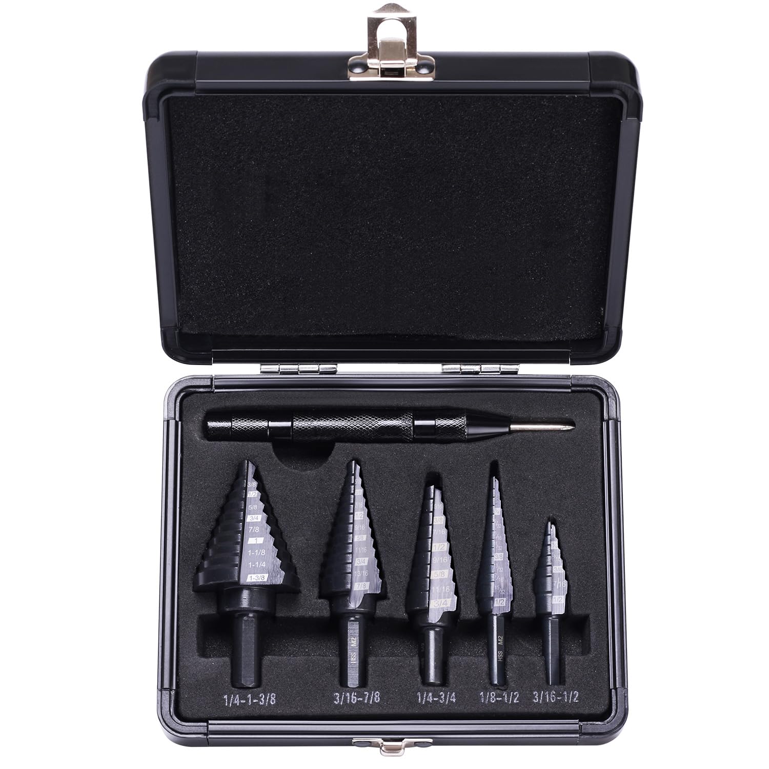 Lichamp Step Drill Bit Set for Metal Sheet Heavy Duty, 5-Piece Premium M2 HSS Step Up Down Drill Bits Stepper Unibit for Steel Hole, 50 Sizes from 1/8