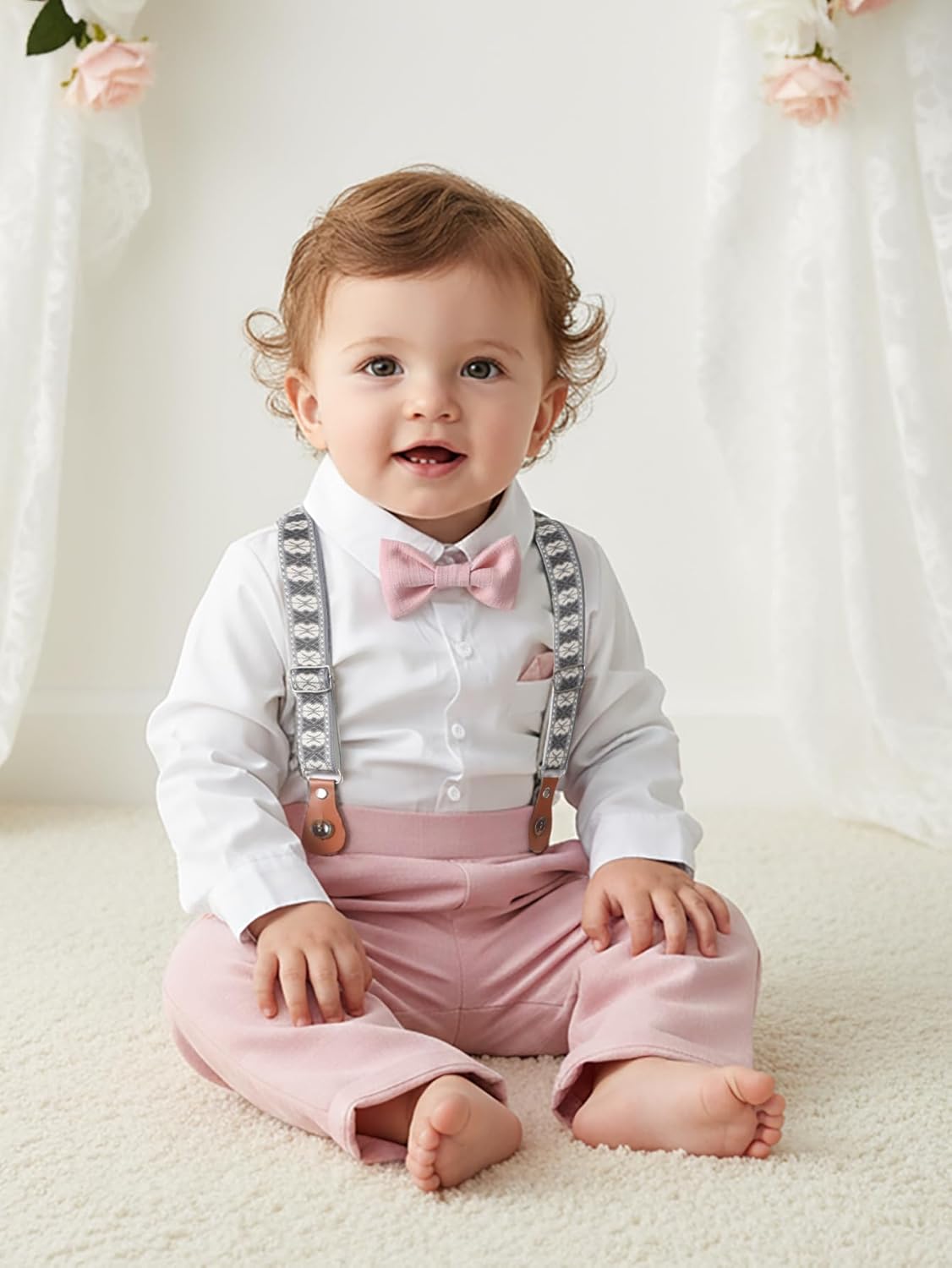 Boarnseorl Baby Boys Pants Sets, Infant Long Sleeve Shirt + Pants + Bow Tie + Suspenders Outfits - Image 2