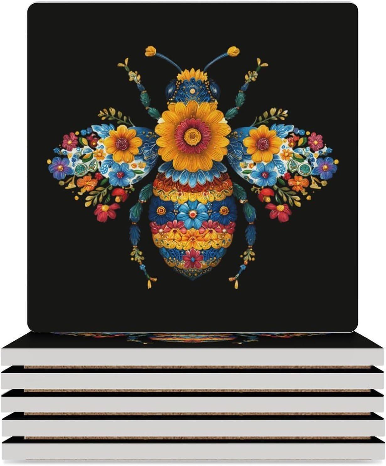 Bee Flower Coasters for Drinks Square Ceramic Coasters Cup Mats with Cork Base