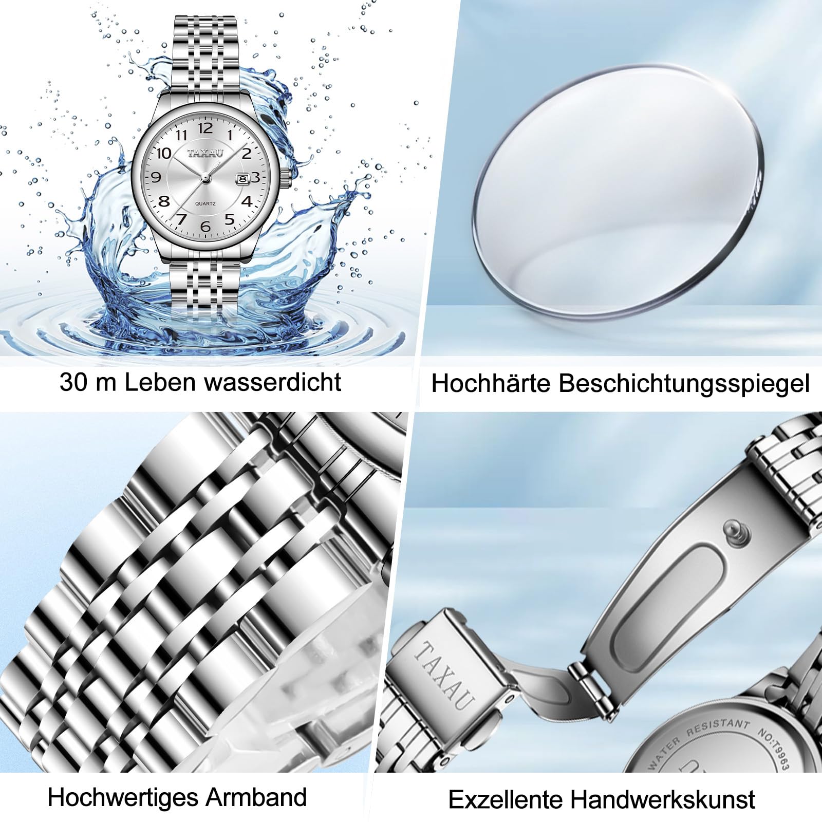 Taxau Armbanduhr Damen Edelstahl, Kleine Damenuhr mit Arabischen Ziffern, Quarzuhr Damen mit Datum, Easy Read Zifferblatt, 3 Bar Wasserdicht, Elegante Uhr für Frauen