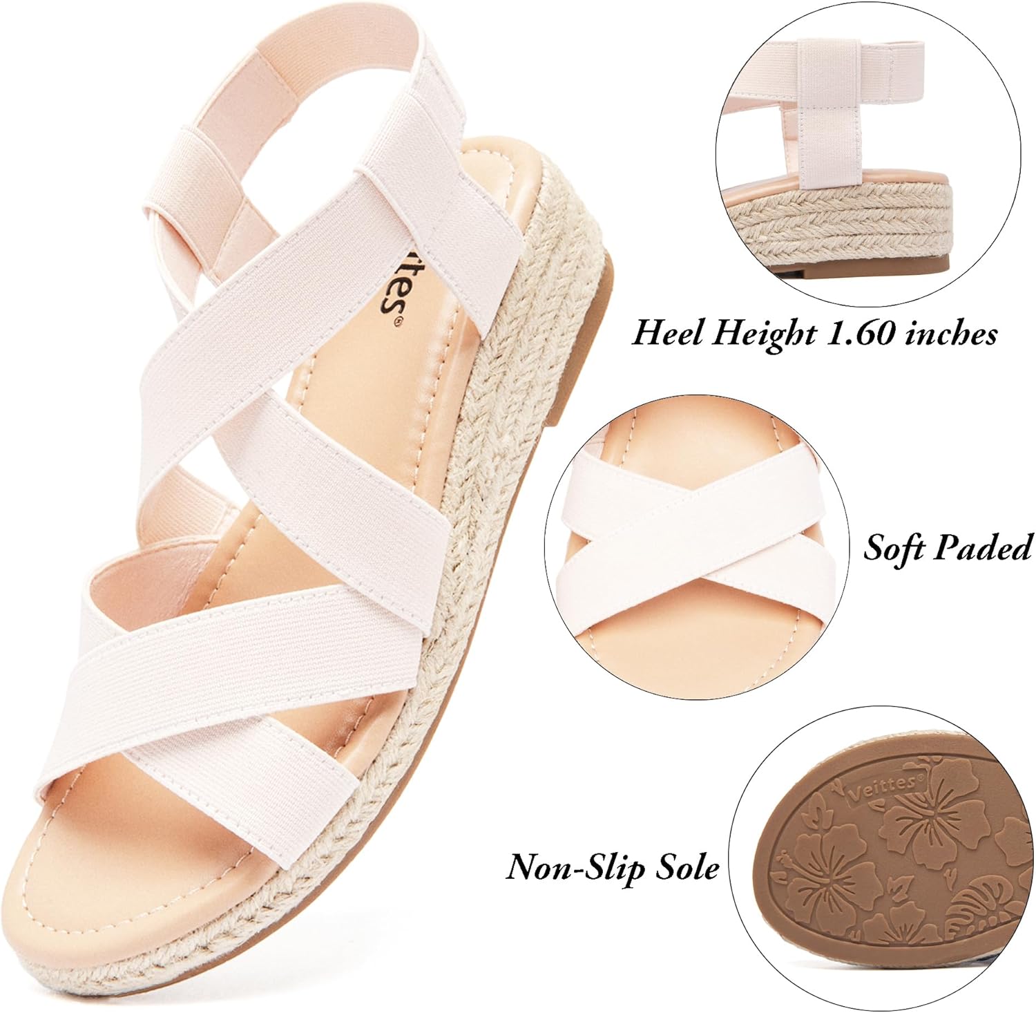 Veittes Women's Platform Wedge Heel Sandals - Open-Toe Adjustable Elastic Strappy, lightweight Rubber Sole, Comfortable Insole, Casual Summer Strappy Sandals. - Image 5