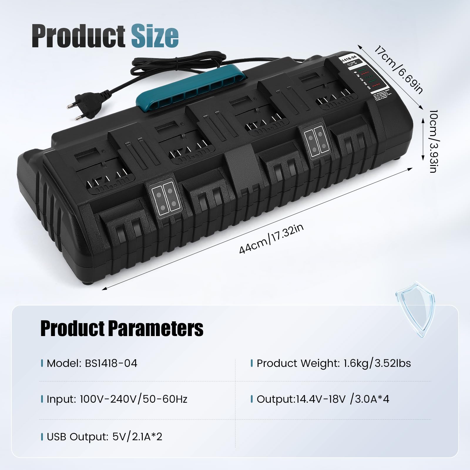 Cargador de 4 Puertos con Dos Puertos USB, Compatible con baterías de Iones de Litio Bosch de 14,4 V a 18 V, BS1418-04, con indicador LED y protección de Seguridad.