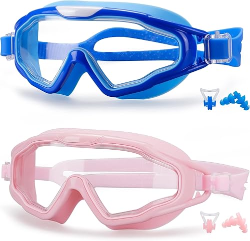 Gafas de natación para niños de 3 a 15 años, paquete de 2 gafas de natación sin fugas, antivaho y protección completa para niños y niñas pequeños