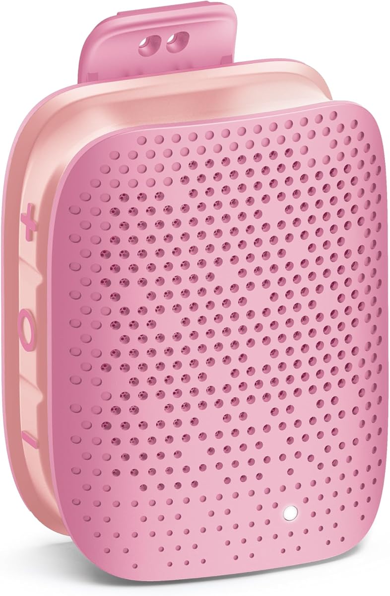 Essentials Clip Bluetooth Speaker | Mini Portable Bluetooth 5.3 Speaker with USB-C, Waterproof IPX5, 12-Hour Battery, Compact Clip-On Audio for Travel, Dorm, Outdoors - Pink