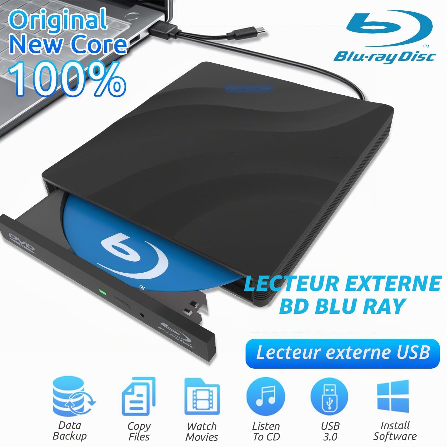 USB 3.0 Type-C Lecteur blu Ray 4k,Portable Externe Lecteur Blu Ray Externe7 en 1, Lecteur Blu-Ray Externe,3D CD DVD Graveur Optical Bluray Drive pour PC Windows 11 10 8 7