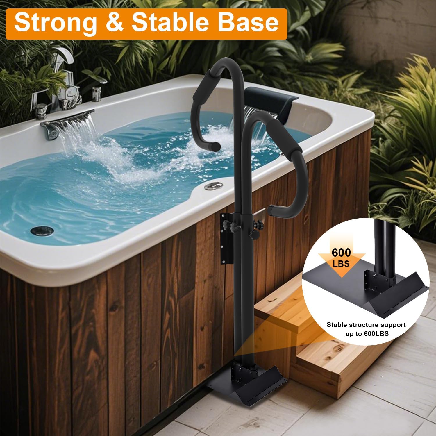 Two-Way Hot Tub Handrails | 38"-58" Adjustable Height Inside and Outside Tub Rail, 360 Rotatable Bears 600Lbs-Rust-proof Hot Tub Railing with Slide-Under Mount Base & Non-Slip Handle, Indoor/Outdoor