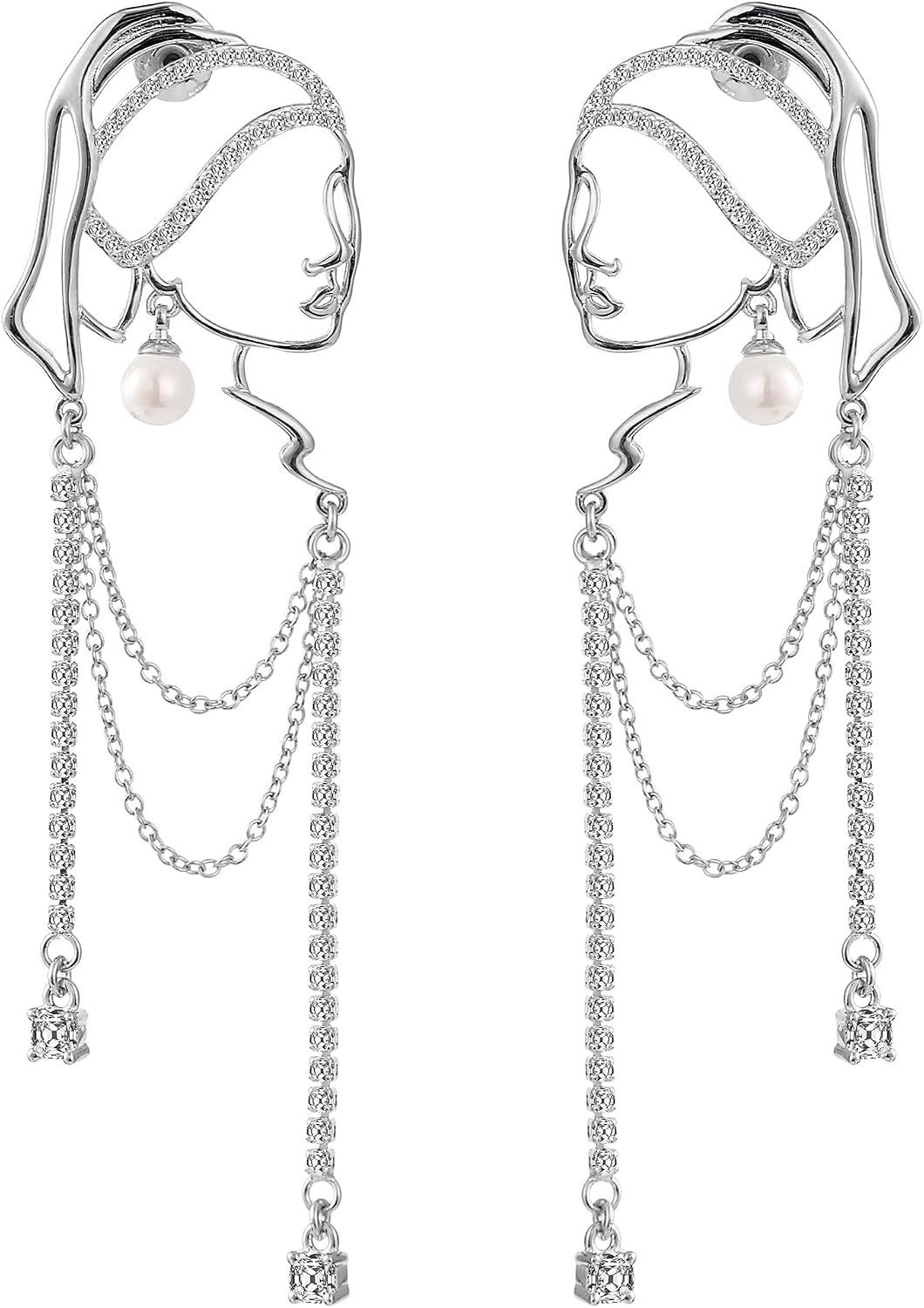 Unique Abstract Face Art | Dangle Statement Long Earrings for Women | Rhinestone Tassel Handmade Chandelier Earrings