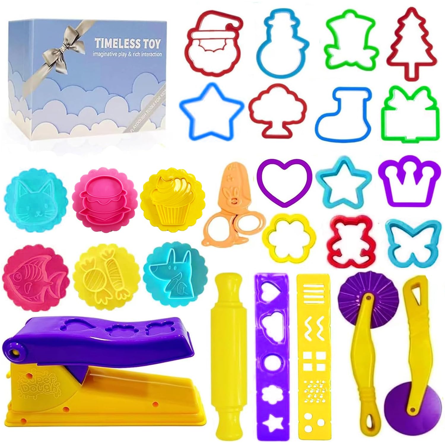 Dough Tools for Kids- Play Sets Accessories Include Animal Molds Stamps Cutter Scissor Rolling Pin Extruder and Storage Box, Best Toys for Toddler Boy Gril Age 3-8