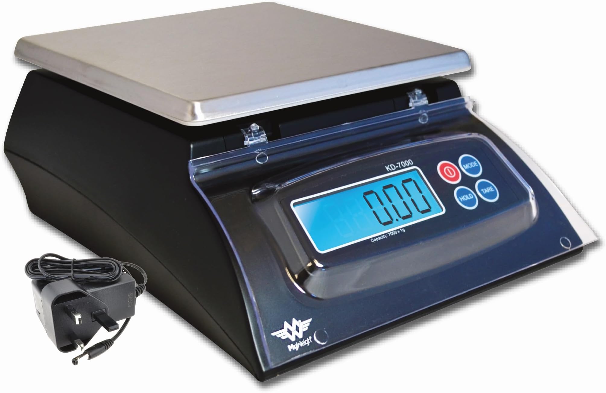 KD7000 Black Professional Kitchen Food Weighing Scale with Stainless Steel Platform 7kg x 1g c/w UK/EU Mains Adaptor Pack, or Battery Operated