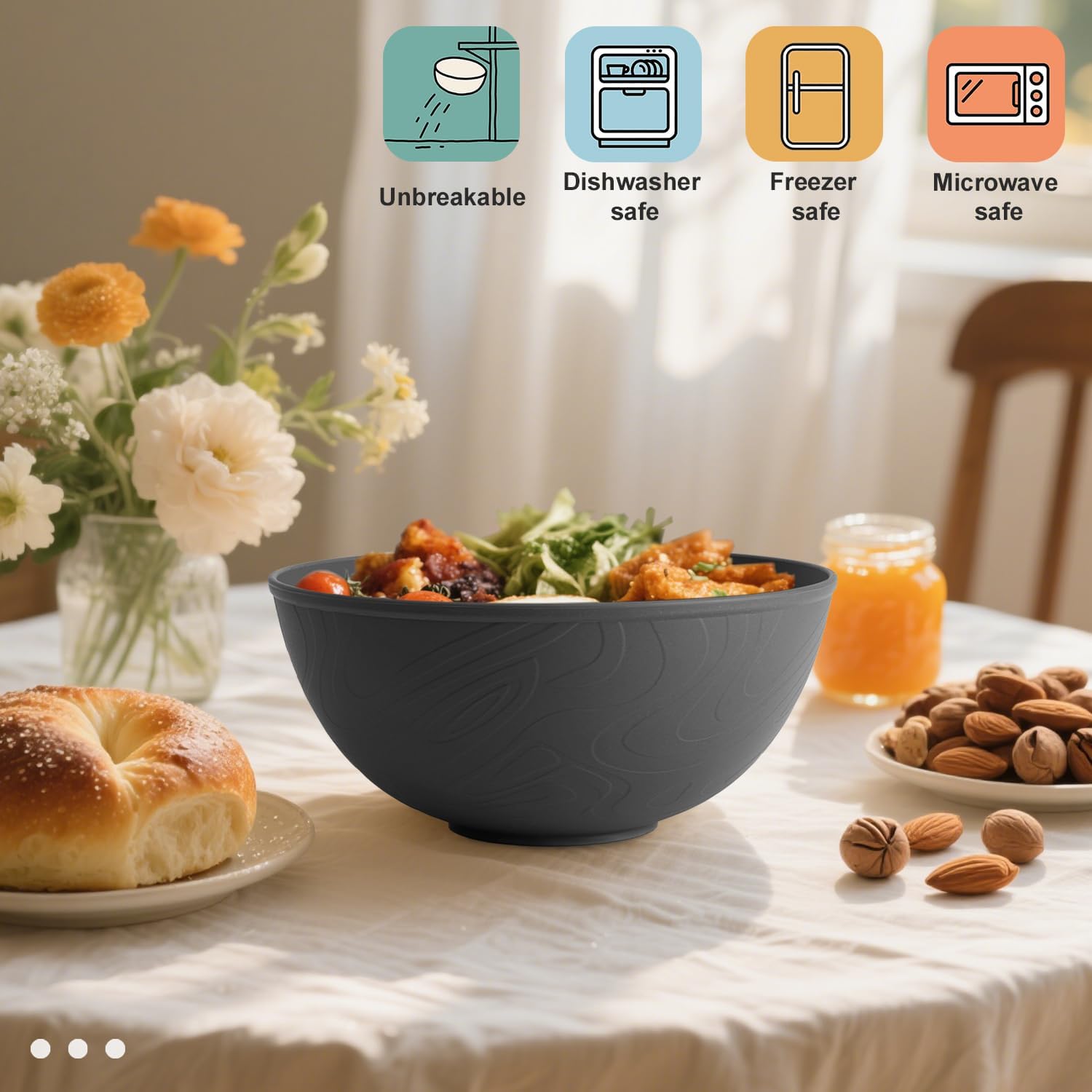 Wrova Black Cereal Bowls 40oz for Cereal Lover,Unbreakable Alternative Plastic Bowls Set of 6,Extra Thick Anti-Scald Bowl Sets suitable for Salad,Soup and Fruit. - Image 4