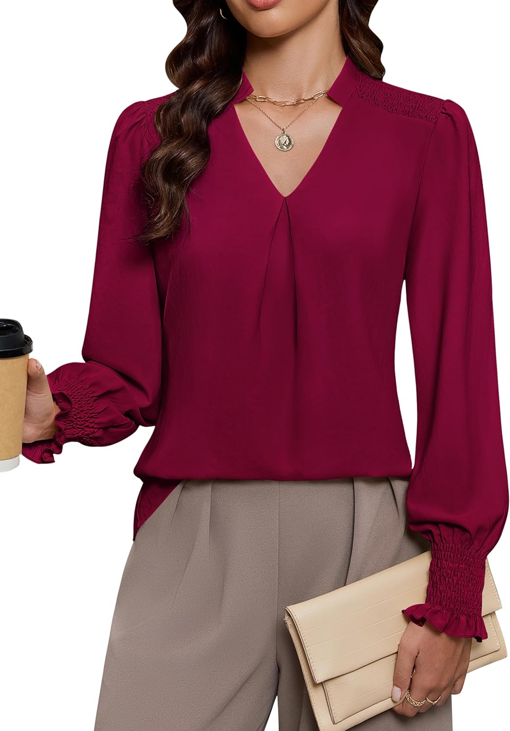 Blooming Jelly Womens Business Casual Blouse Dressy Long Sleeve V Neck Tops Office Fall Fashion 2026 Chiffon Shirt