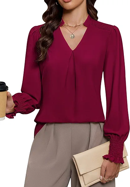 Blooming Jelly Womens Business Casual Blouses Dressy Long Sleeve V Neck Tops Office Fall Fashion 2025 Chiffon Shirt