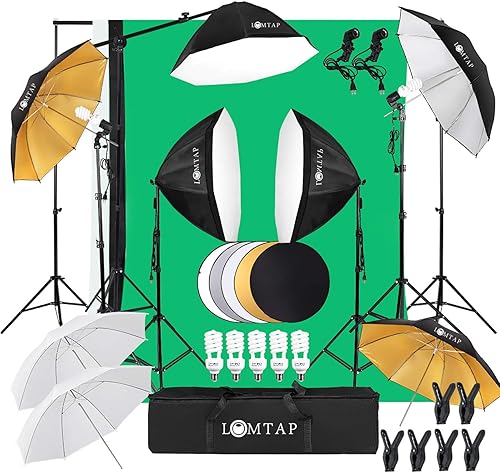LOMTAP Soporte de fondo para pantalla verde, kit de iluminación para fotografía, 3 cajas de luz, 5 sombrillas de fotos, reflectores 5 en 1,
