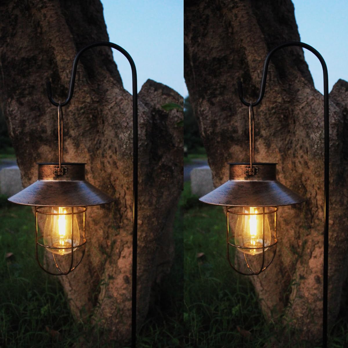 2 pack solar lanterns, outdoor hanging lights metal with shepherd hook warm white edison bulb design for garden and birthday gifts for mom grandma wife ( copper)