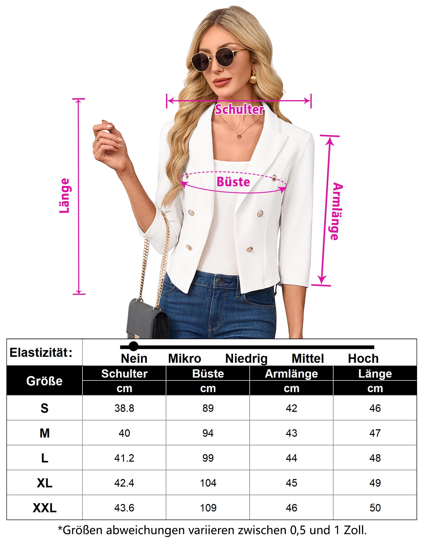 Blazer corto da donna, maniche a 3/4, colletto a risvolto, cardigan business bolero aperto frontale (confezione multipla)