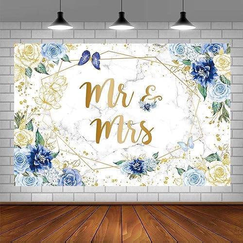 Miniatura 3 de Telón de fondo floral de mármol de 7 x 5 pies para despedida de soltera, flores azules, mariposa, fondo geométrico dorado para parejas, decoración