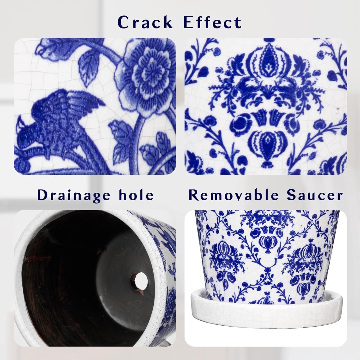 Blue and White Ceramic Pots for Plants, 4.8" + 5.5" Decorative Plant Pots Round Ceramic Planters for Indoor Plants Pots with Drainage Hole Saucers, Retro Planter Pot for Succulents Cactus Flower Pots