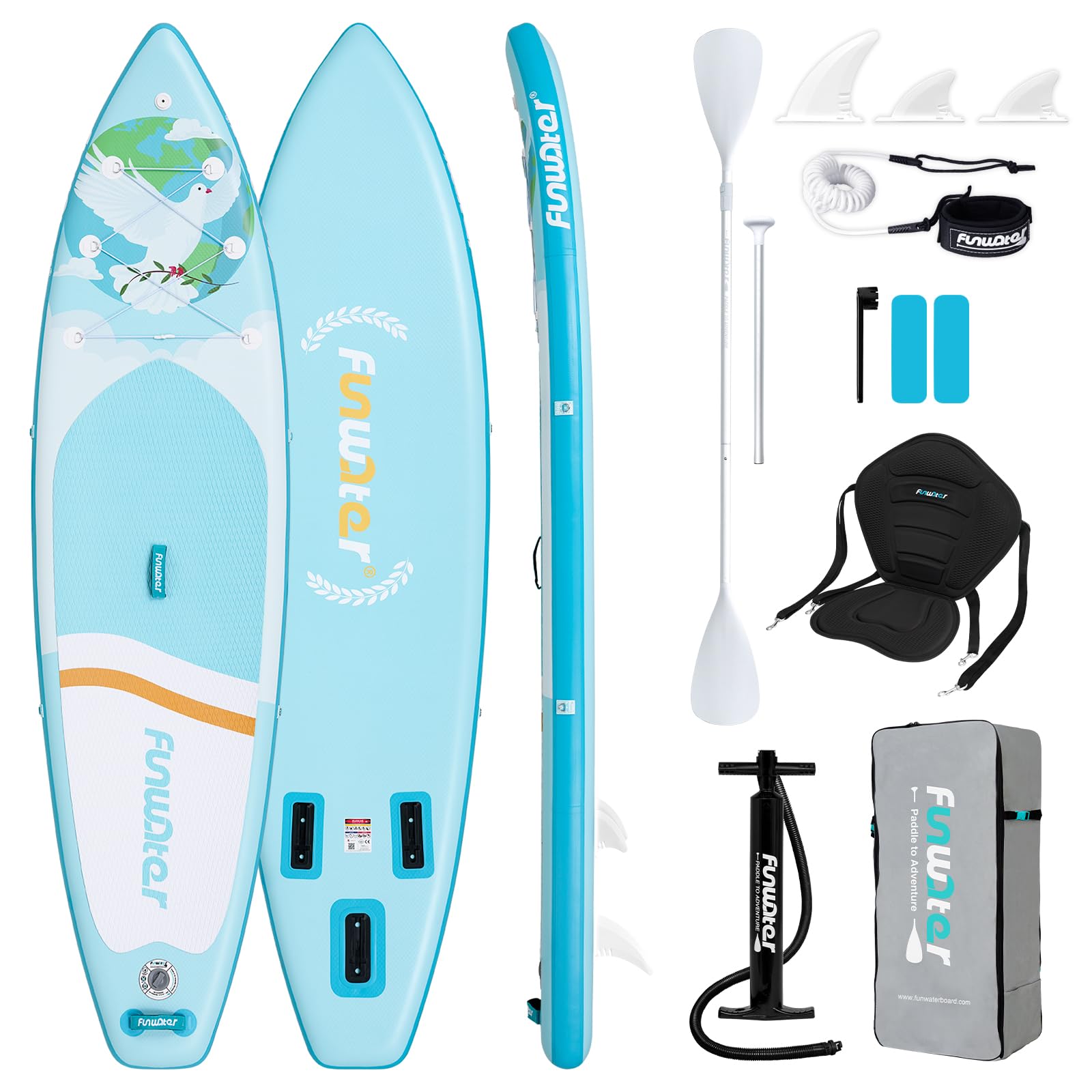 FunWater SUP Gonfiabile Stand Up Paddle Board Tavole da SUP Gonfiabili Adulti Tavola da Surf con Accessori Pompa a Mano,Pagaia,3 Pinne