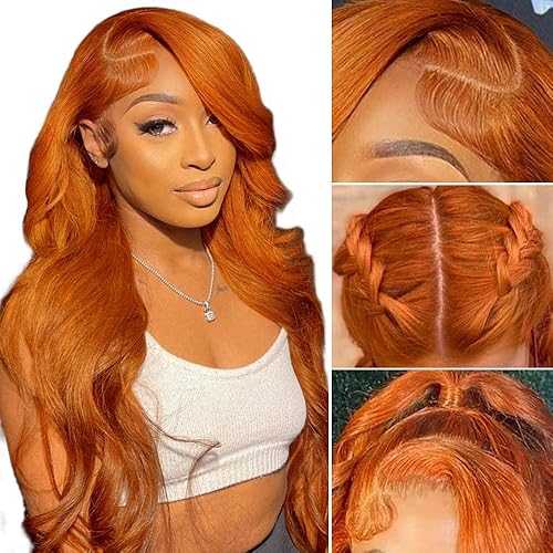 SFD Ginger Orange Lace Front Wigs Human Hair 24 Inch 13x4 HD Lace Ginger Frontal wigs Human Hair Colored Body Wave Lace Front Wig Pre Plucked with Baby Hair 150% Density Ginger Wig Human Hair