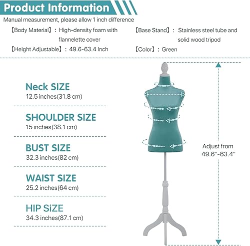 Miniatura 3 de Forma del vestido de cuerpo de torso de maniquí femenino, altura ajustable de 49.6 a 63.4 pulgadas con trípode de madera para exhibición de
