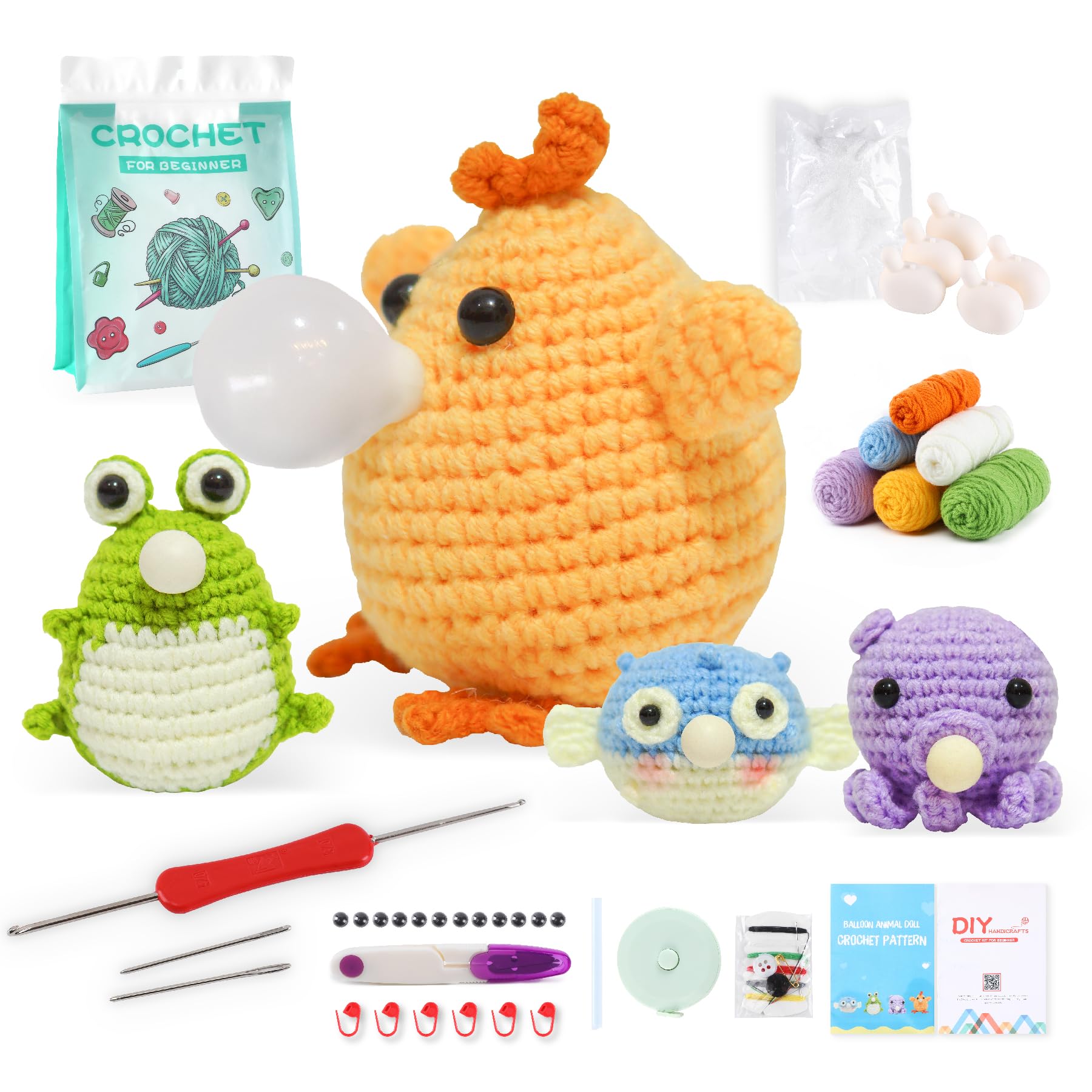 ALAGIRLS Crochet Kit for Beginners with Crochet Yarn, Crochet Starter Kit for Adults with Step-by-Step Video Tutorials, DIY Knitting Supplies, 4 Animals with Balloons Set (40%+ Yarn)