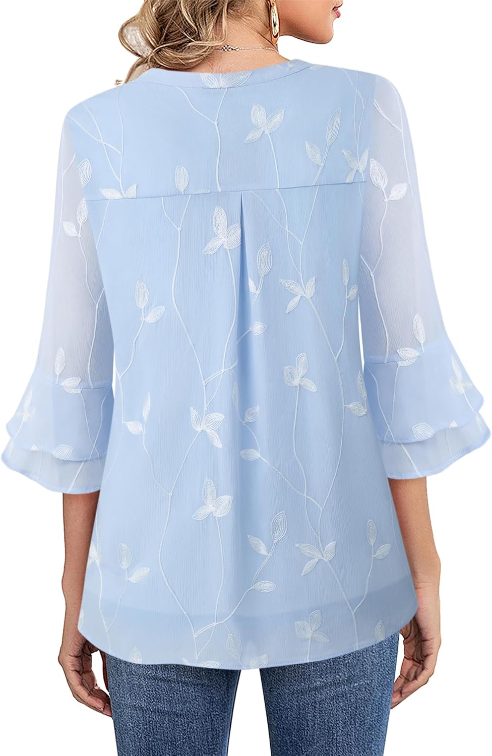 Lotusmile Womens Tops Dressy Casual 3/4 Tiered Bell Sleeve Blouses Double Layered Chiffon Work Tunic Shirts - Image 5