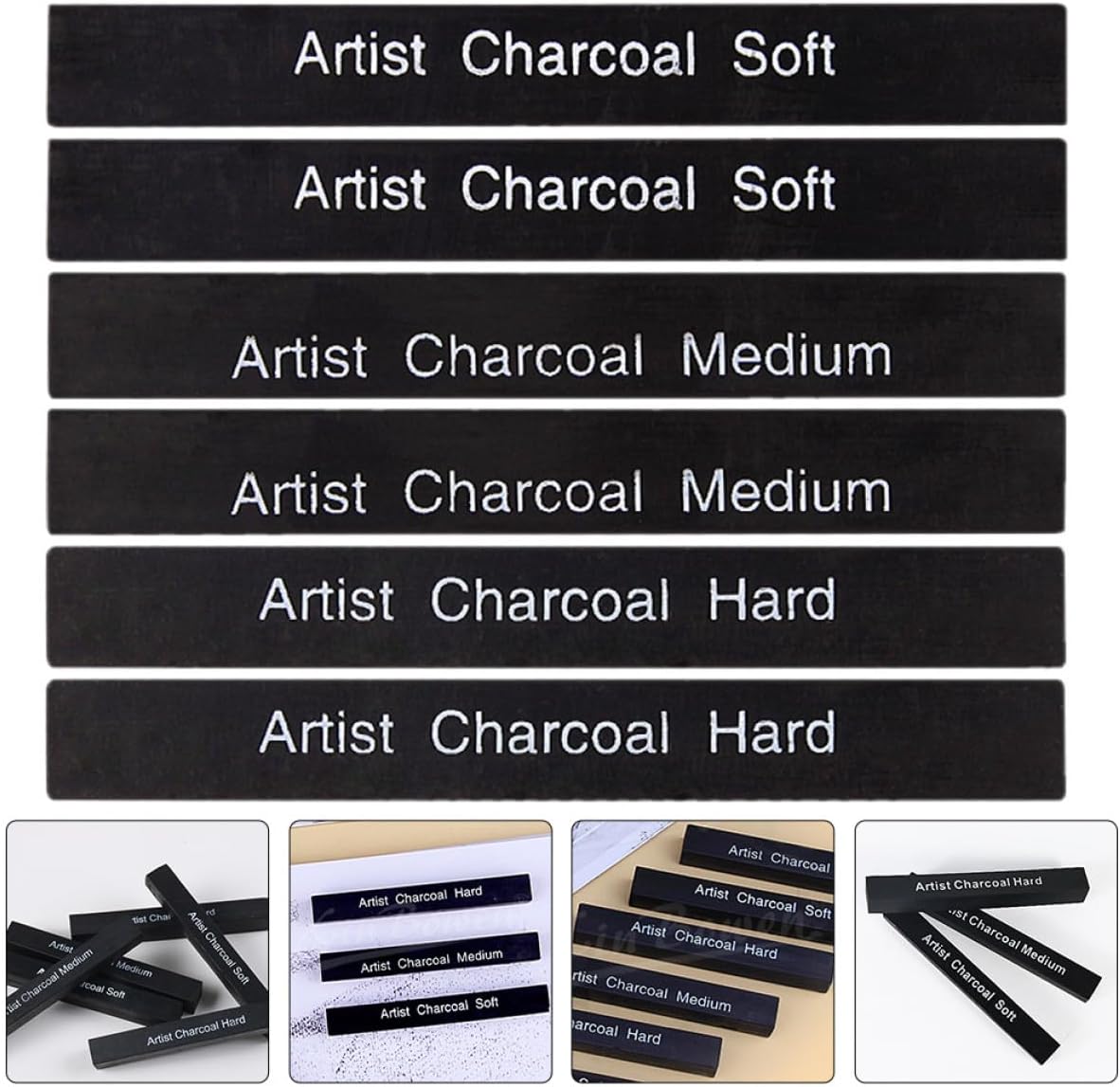 6pcs Compressed Charcoal Drawing Sticks for Students and Hobbyists, Soft Medium Hard Carbon Charcoal Pencils for Sketching and Shading Art Supplies