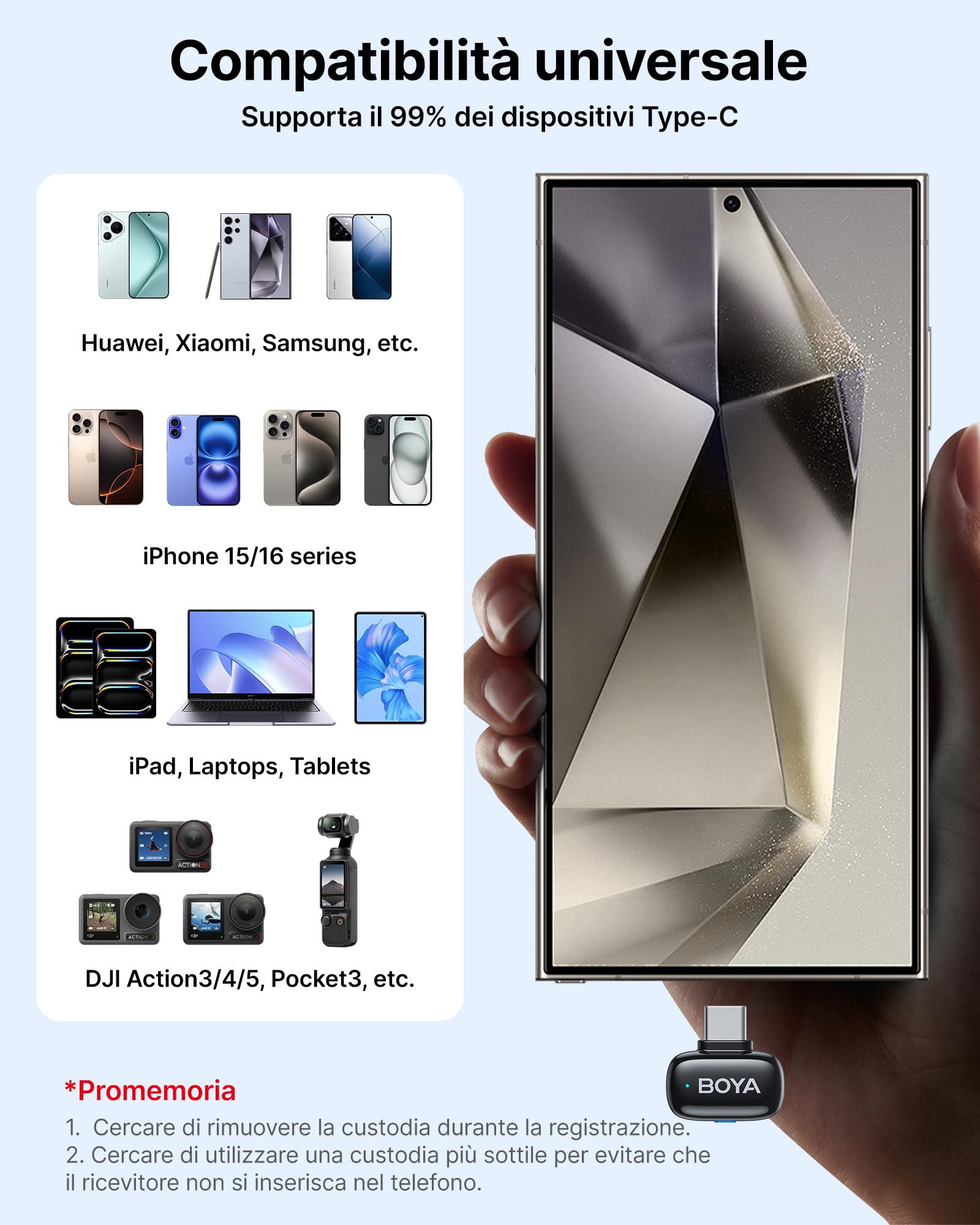 BOYA Mini Microfono Wireless per iPhone15/16 Android, Microfono Lavalier USB-C Ultraleggero 5g, Riduzione del Rumore, Mic Mini, 30h Utilizzo, Microfoni Wireless Professionali Type C
