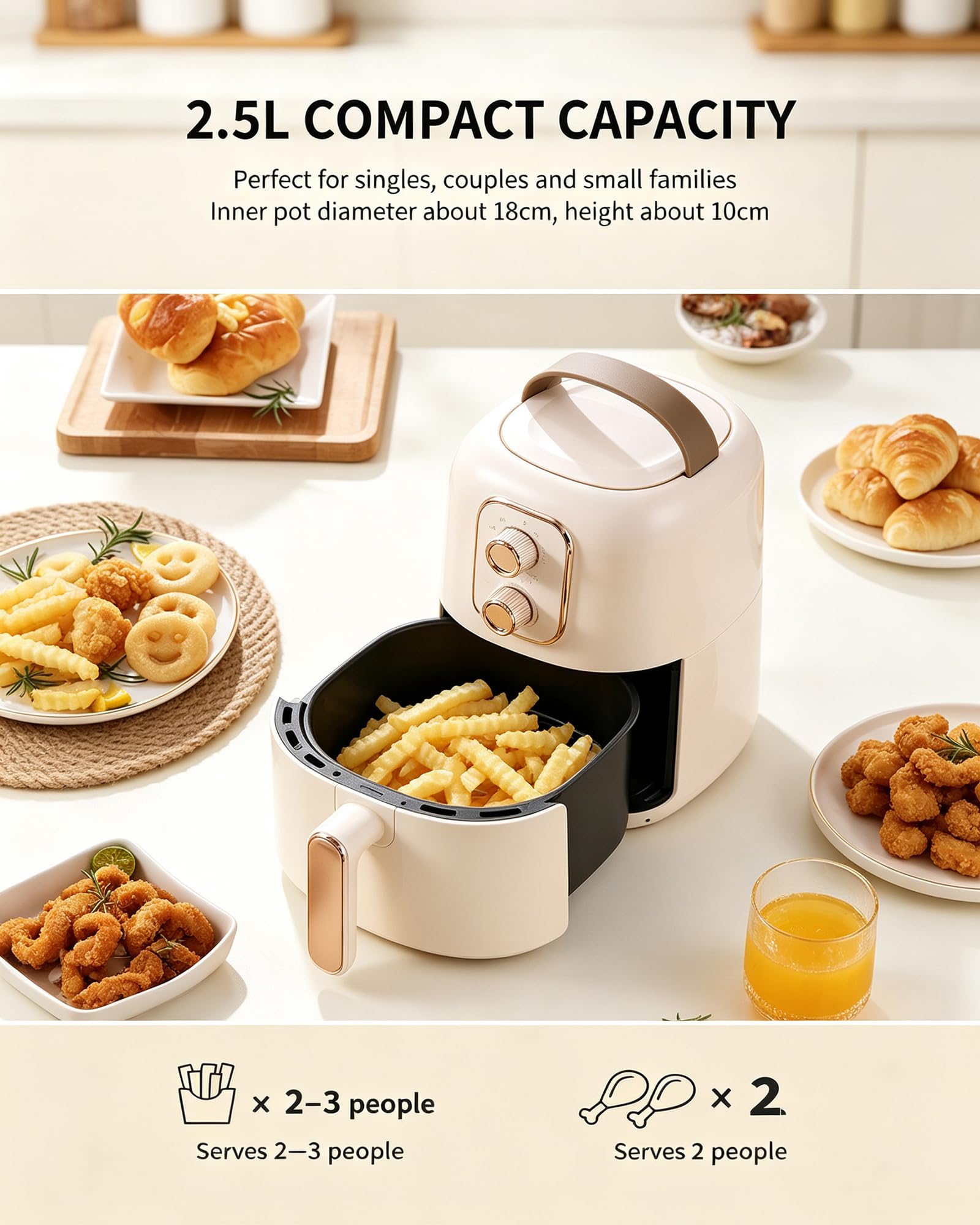 Friggitrice ad Aria a Torre Visibile 2,5L, Controllo a Doppia Manopola | Finestra di visualizzazione in vetro trasparente a 360°, per singoli, coppie e piccole cucine, tempo e temperatura