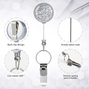 2 Pcs Retractable Pen Holder with Adjustable Clip and Key Ring, Stylish