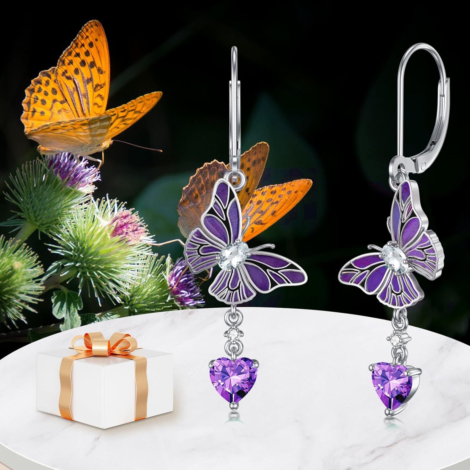 Emerald/Garnet Butterfly Dangle Earrings 925 Sterling Silver with Heart-Shaped Gems for Women - Image 5