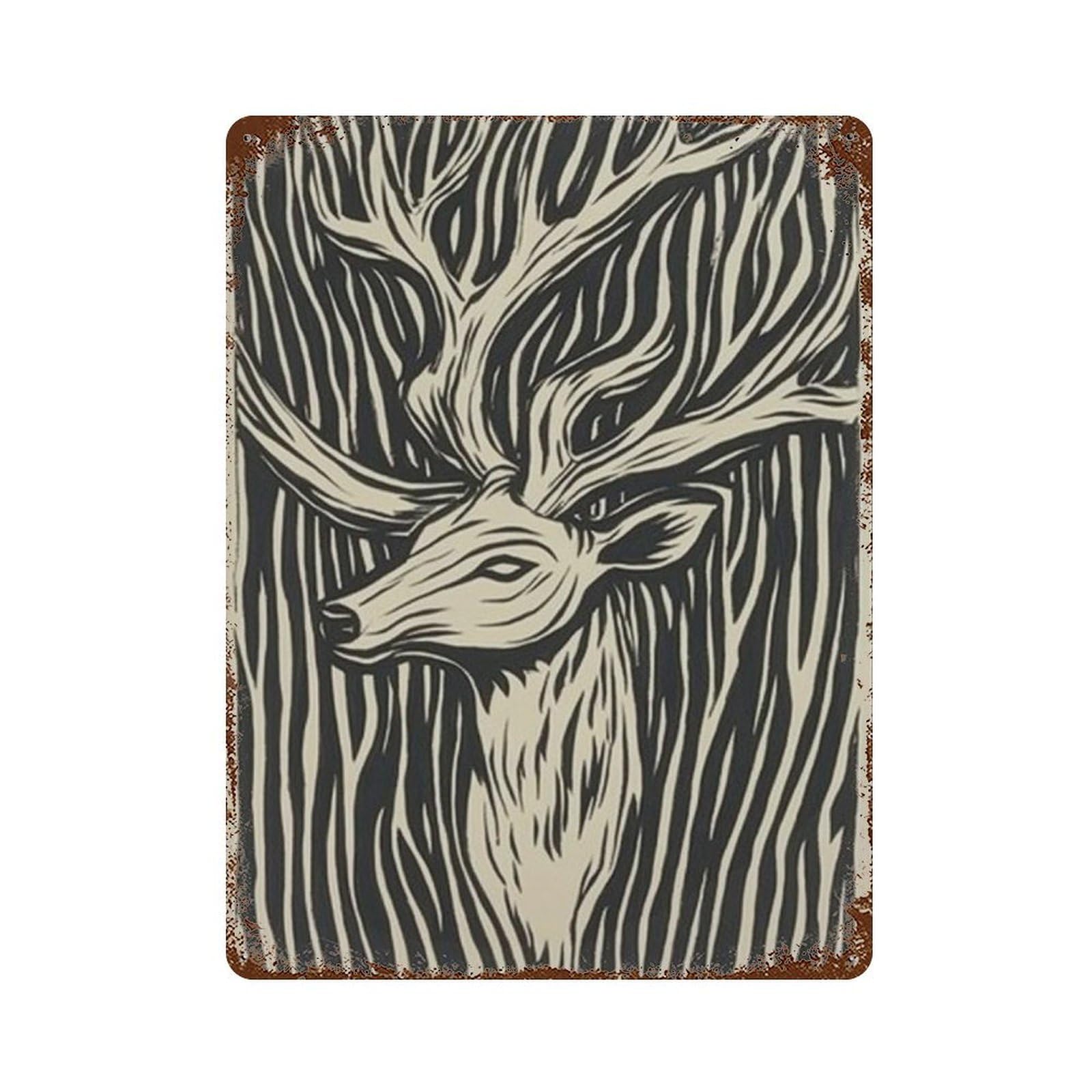 xiaoxiaoshen Stag Deer Woodland Animal Woodcut Style Rustic Nature Wall Decor Art Metal Tin Poster Modern Home Decor Art Home Bar Shop Decorations Vintage Sign 40x30cm