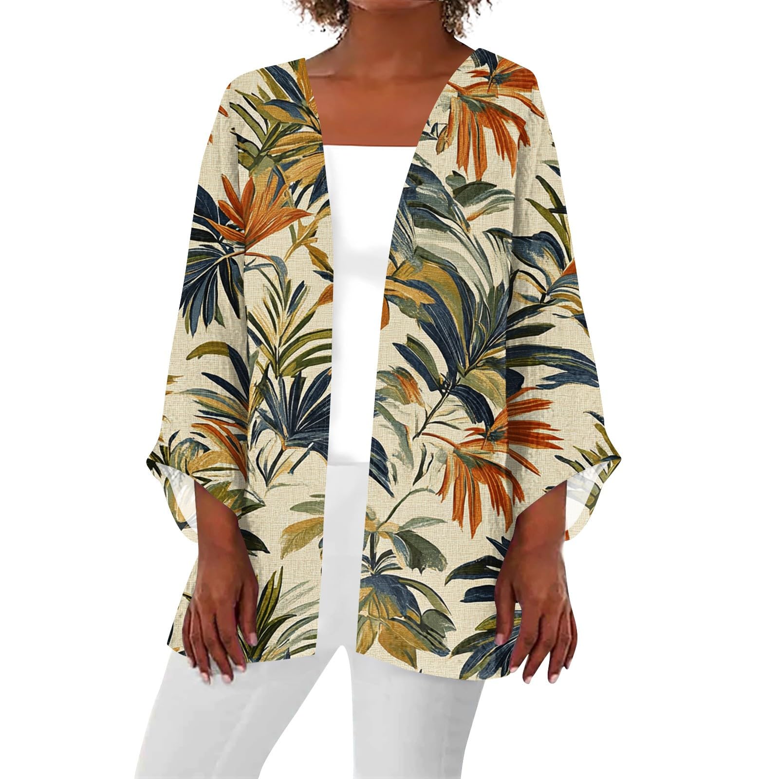 Womens Cover Up Kimono Summer Swimsuit Puff Sleeve Cardigan Fashion Striped 3 4 Length Cover Ups for Swim