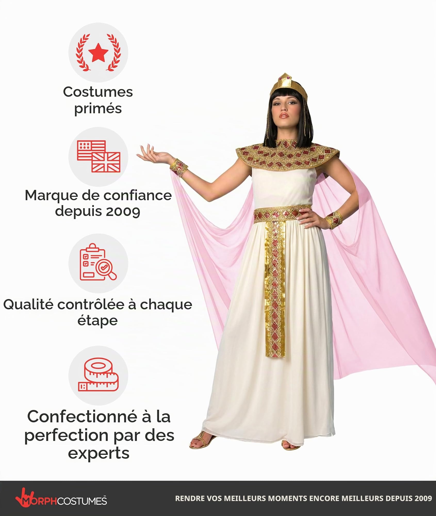 Morph Deguisement Cleopatre Femme, Costume Egyptien Halloween Femme | Robe, Collier, Coiffe, Cape & Bracelets, Reine d'Égypte, Parfait pour Halloween, Idéal pour se Déguiser