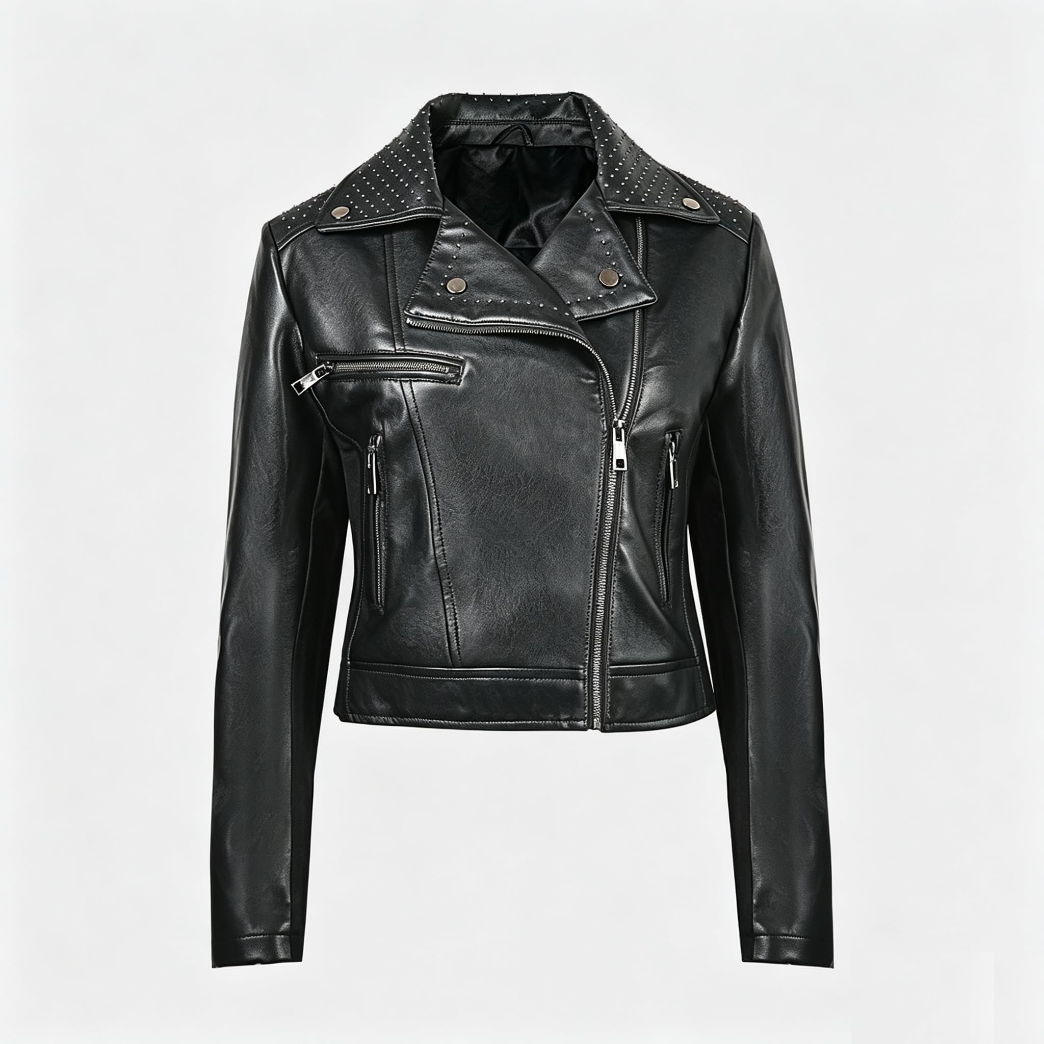 Veste de motard cloutée en similicuir pour femme | Manteau de moto court en polyuréthane avec poches zippées
