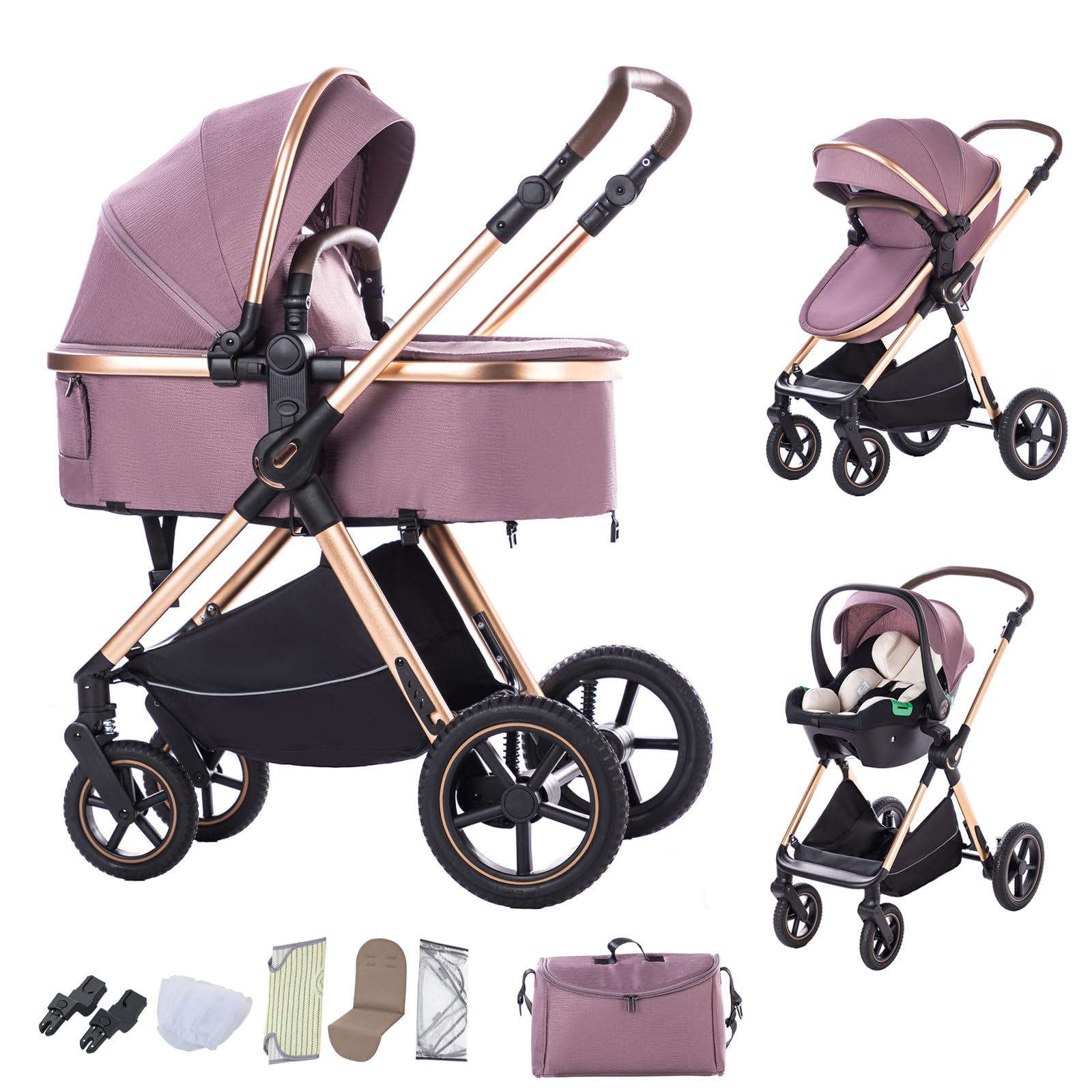 BEBBY Passeggino trio 3 in 1 Cannuccia Portatile Pieghevole Alto Telaio Alluminio Neonato (D2-Purple, H2-D)