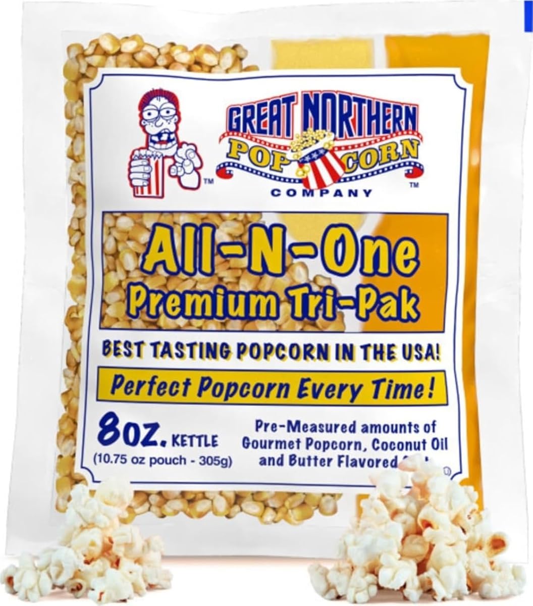 8oz Popcorn Machine Popcorn Packets - All-in-One Movie Theater Style Popcorn Kernels, Salt, and Oil Packs by Great Northern Popcorn (24 Case) | All-in-One Movie Theater Style Kernels, Butter Flavored Salt, and Coconut Oil Packs for 8oz Kettle - Movie Night Supplies