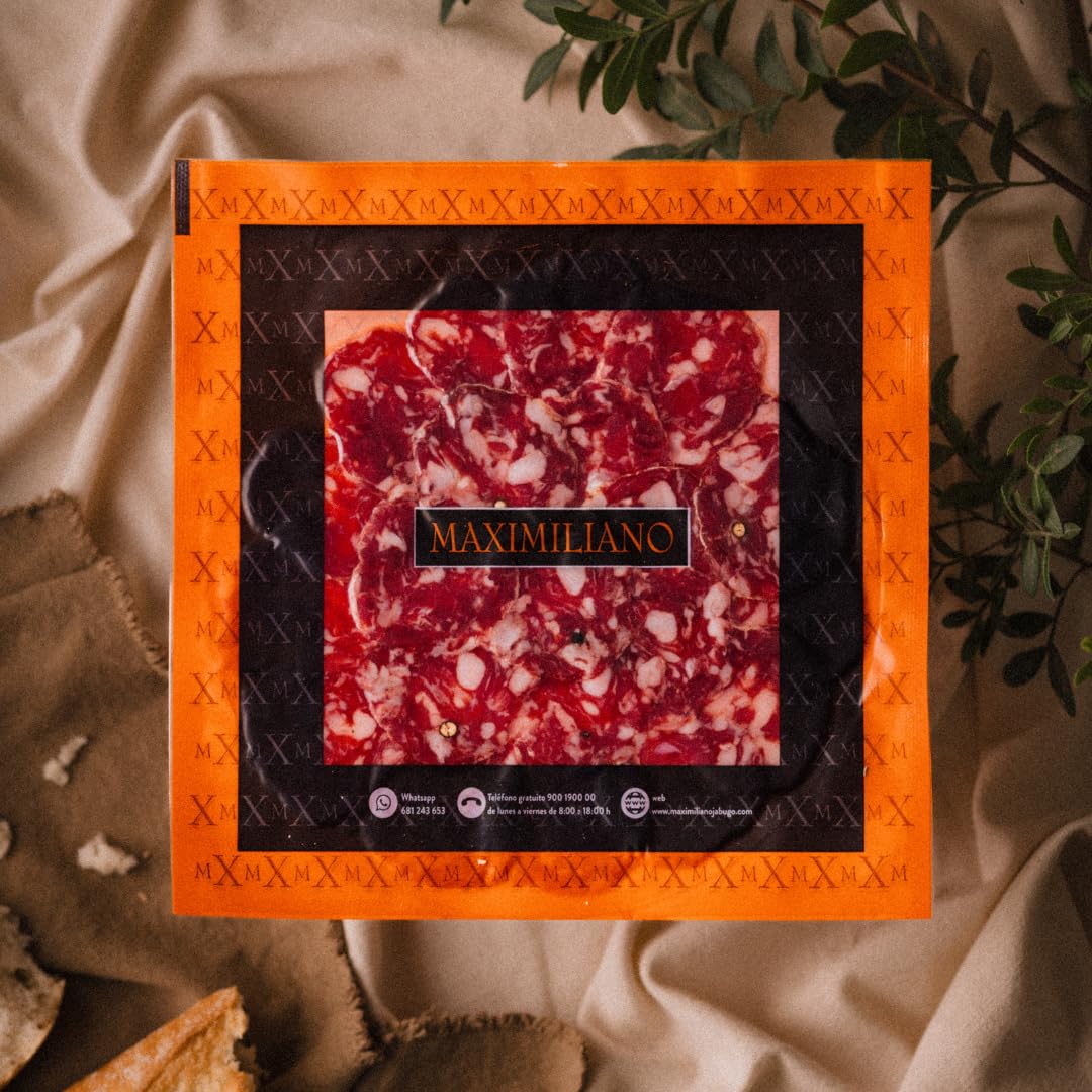 Maximiliano Jabugo - Salchichón de Bellota 100% Ibérico | Estuche 80gr Loncheado | Aliño Tradicional con Pimienta | Curación Natural en Jabugo | Embutido Ibérico Artesano