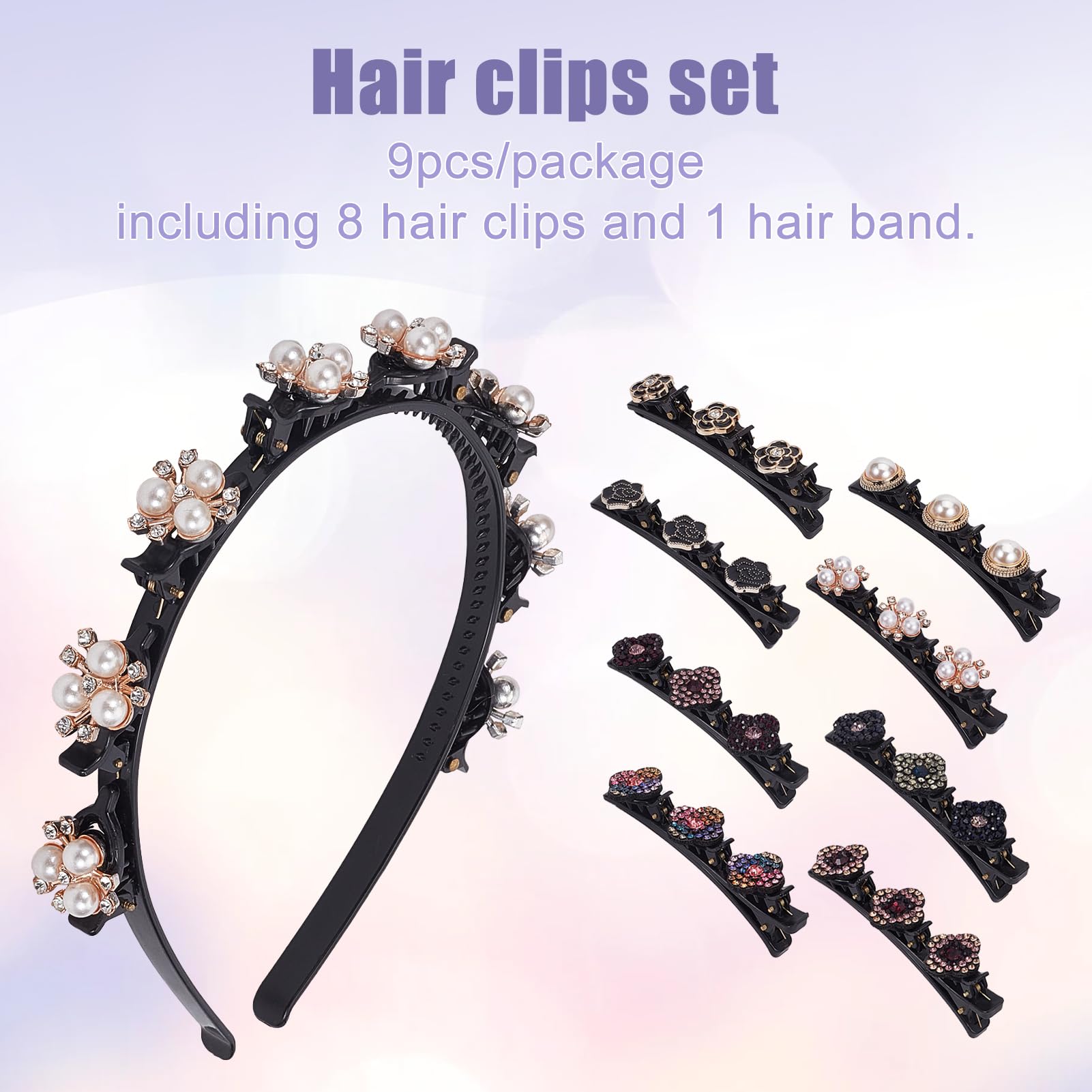 NICENEEDED 7 Pcs Braided Hair Clip, Sparkling Crystal Stone Hairpins, Rhinestone Hairpin Duckbill Clip Hair Barrettes Double Layer Twist Plait Braided Headband Pearl Flower Clips Hair Accessories