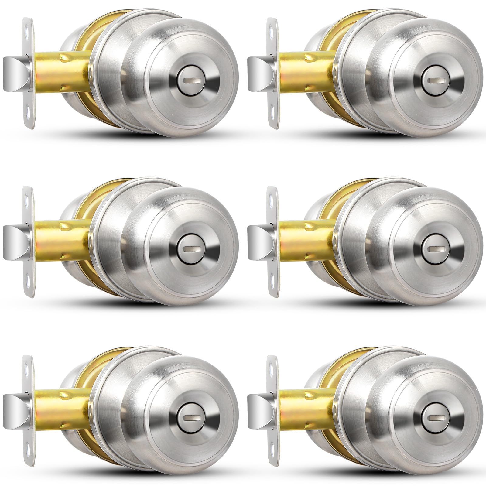 Sopoby Privacy Door Knob, 6 Pack Brushed Nickel Round Keyless Doorknobs Interior/Exterior Lockset, Privacy Locking Door Knobs for Bedroom/Bathroom, Modern Design Door Hardware