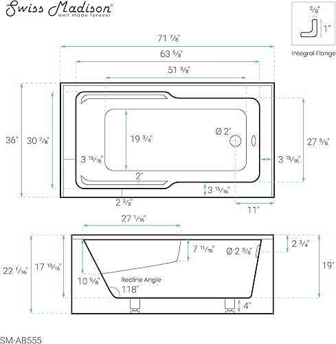 Vista 188 de Swiss Madison Well Made Forever SM-AB540MB Voltaire - Bañera de alcoba con faldón, 60 x 30 pulgadas, negro mate Mate negro