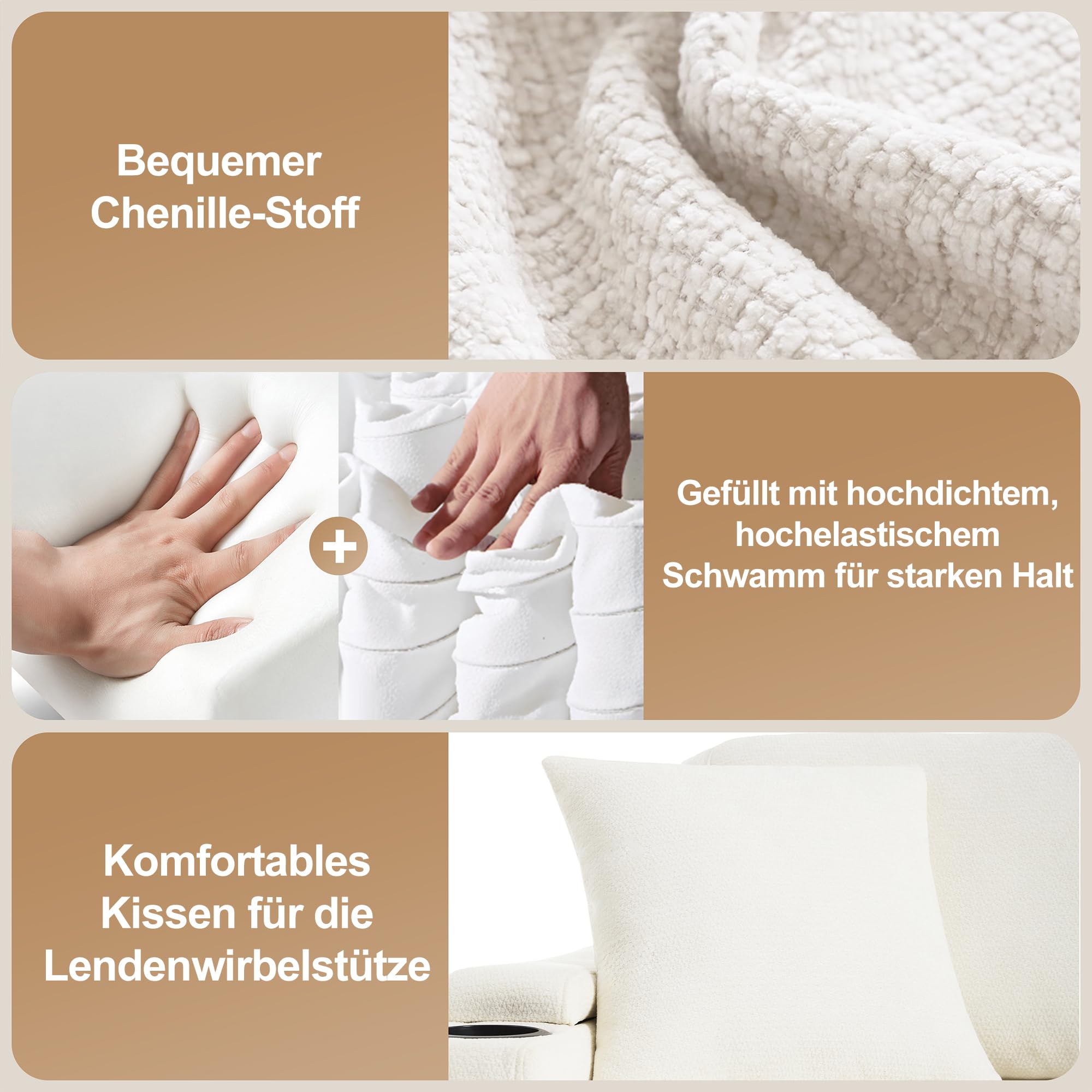 Bladez Divano letto a forma di L, divano ad angolo allungabile, velluto di ciniglia, chaise longue con vano portaoggetti, porta di ricarica, supporto per braccioli, per soggiorno (beige-A)