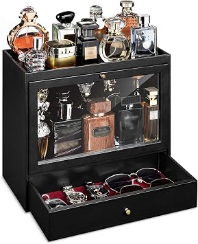 Emfogo Cologne Organizer, Leather Perfumes Organizer for Dresser, Large Capacity Dustproof Cologne Holder with Drawer Storage Perfume Stand Organizer, Ideal Gift for Loved ones