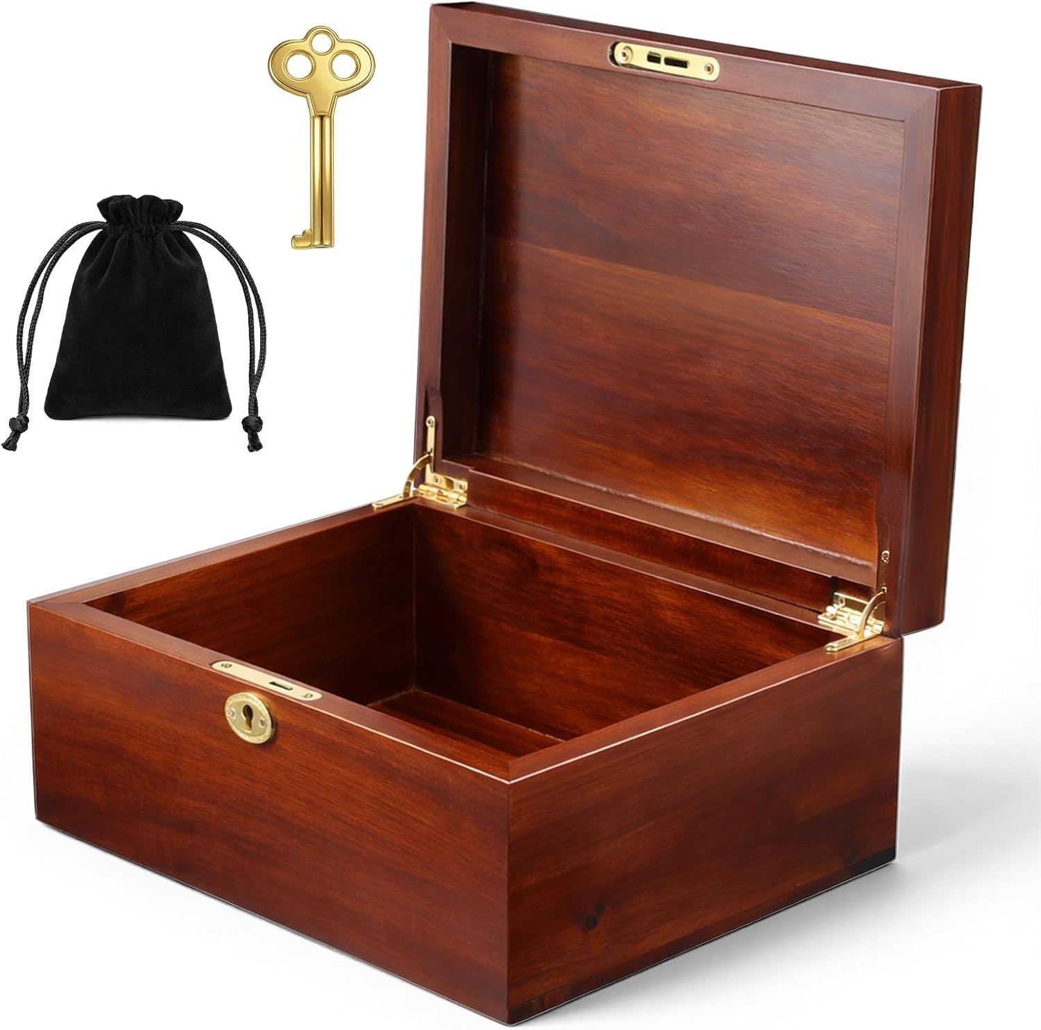Wooden Storage Box with Hinged Lid and Locking Key Large Memory Box For Keepsakes Acacia Wood Boxes Memory treasure Wood Boxes for Recipes Decorative Storage or as Keepsake, 11" x 8.7" x 4.7"
