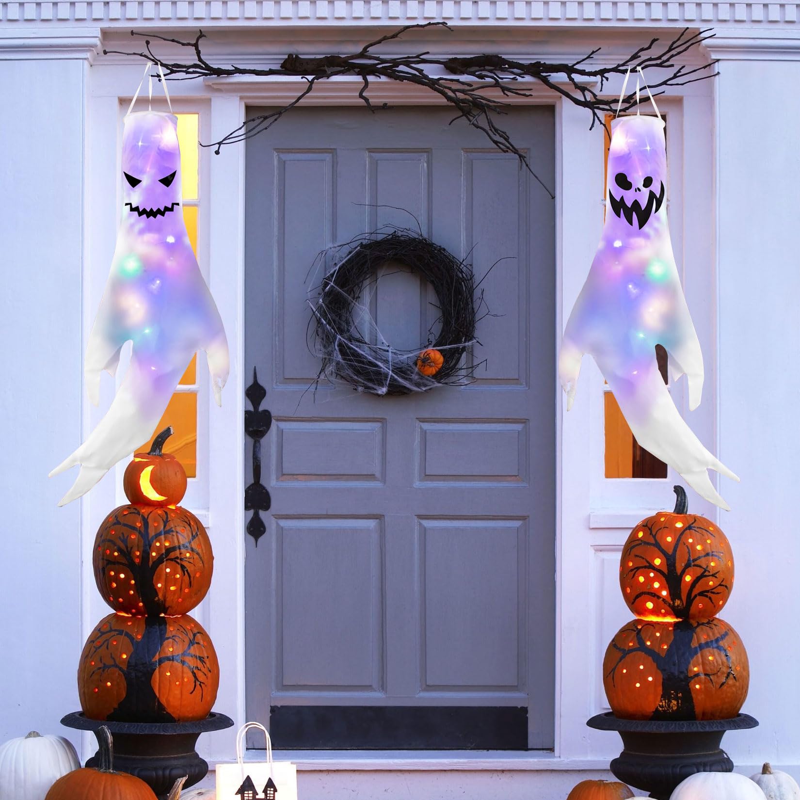 Herbst 2 unidades de decoración de Halloween, 140 x 57 cm, bolsas de viento colgantes, bandera fantasma, decoración de Halloween, decoración al aire libre para interior con diseño de cara de fantasma