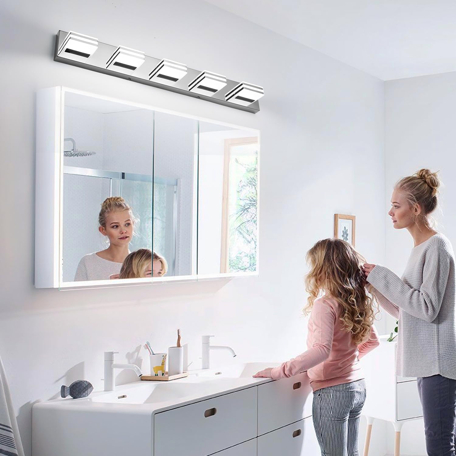 LED Vanity Lighting 30W Lights for Mirror 5 Light Bath Wall Lamps 34 Inch Bathroom Sink Lights over Vanity Modern Long Bath Lights Bars Chrome Wall Sconces Light for Bathroom Restroom 6000K Chrome-Not-Dimmable 5-Light, 34-Inch
