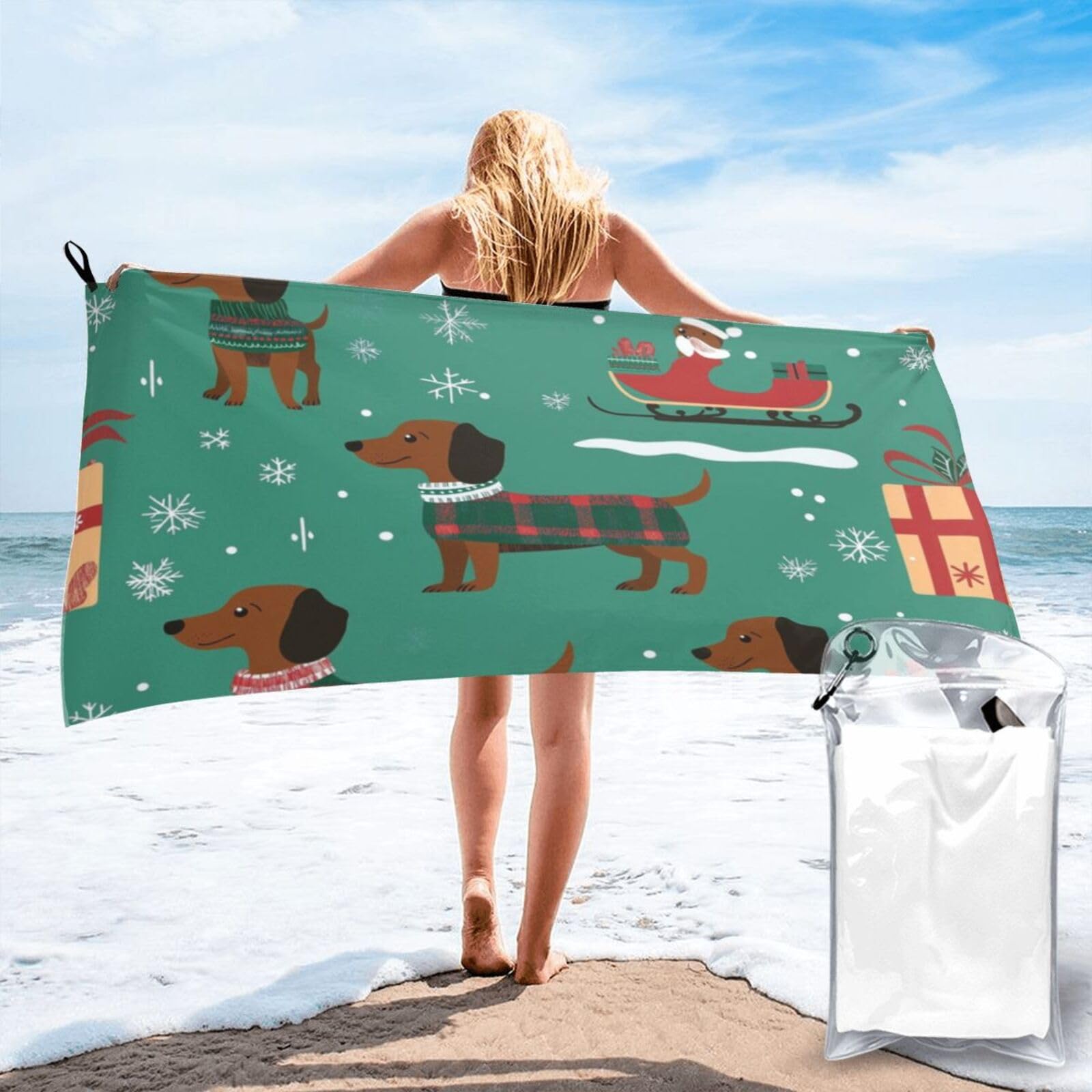 Anceky Christmas-Themed Pattern with Dogs Quick Dry Microfiber Travel Towel with Carry Case and Carabiner 27.5"X55"