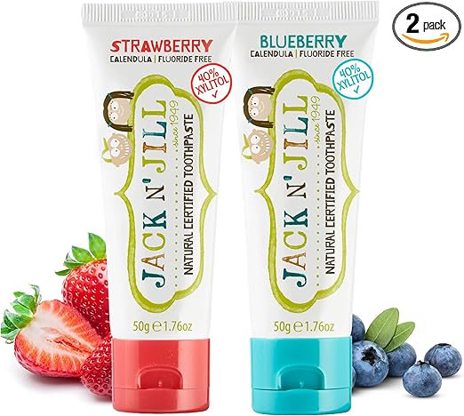 Jack N' Jill Natural Toothpaste for Kids - Fluoride Free Toothpaste, 40% Xylitol, BPA Free - Strawberry & Blueberry, 1.76 oz (2 Pack)